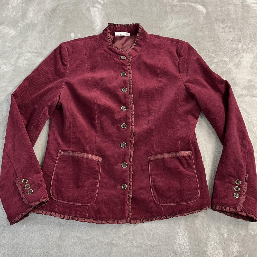 Dressbarn Blazer Womens XL Red Corduroy Ruffle Trim Button Front Fairy Feminine